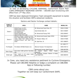Cyclone Warning by Cantonment Board Malir