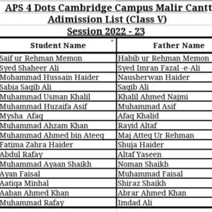 New Admission list of Army Public School 4 Dots Cambridge Campus Malir Cantt