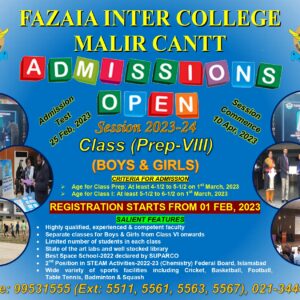 Admission Open at Fazaia Inter College, Malir