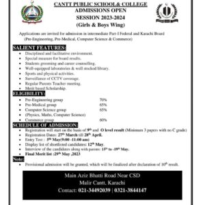 Admission Open at Cantt Public School & College (Session 2023-24) – Girls & Boys Wing