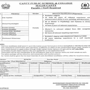 Job Opportunity at Cantt Public School College Malir Cantt!